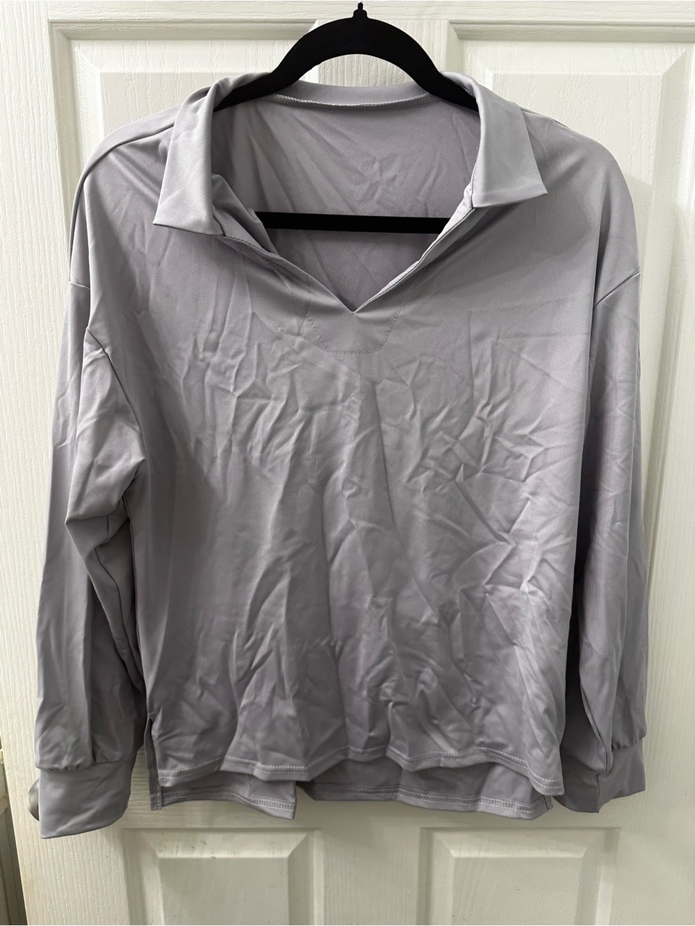 Light Gray Women’s Long-Sleeve Polo Shirt and Wide Leg Pants - Classic Casual